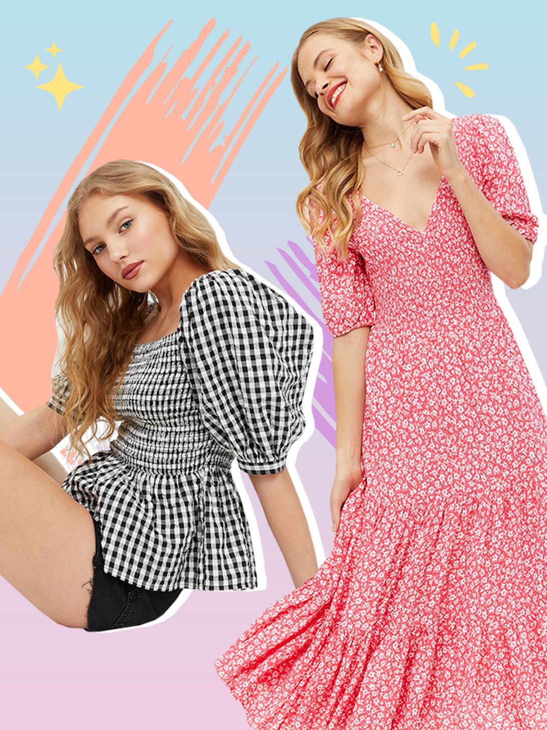 Women Wearing a Black Gingham Blouse, Blue Midi Dress, a Pink Floral Midi Dress and a White Tie Dye Oversized Shirt